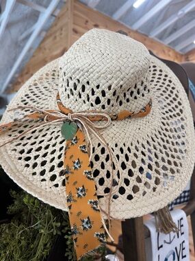 Women’s Straw Sun Hat with Mustard Floral Scarf Accent